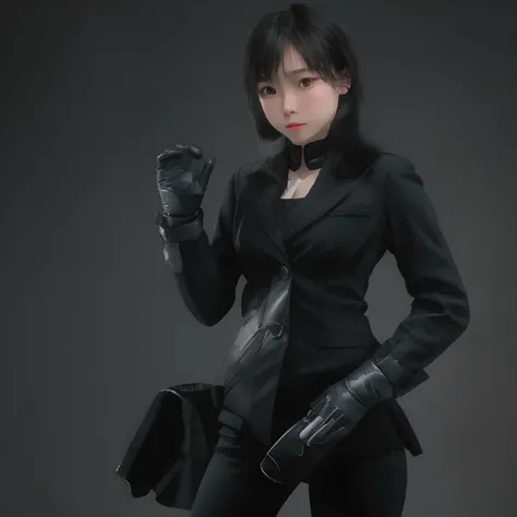 A young Japanese woman holding a black suit up to a shirt, a black leather glove worn in both hands, a womans hand with a black suit and black leather gloves in front of her