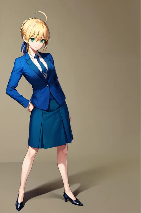 masterpiece, best quality, highres, aasaber, green eyes, ahoge, skirt suit, business suit, formal, blazer, pencil skirt, bare legs, high heels, standing, cowboy shot