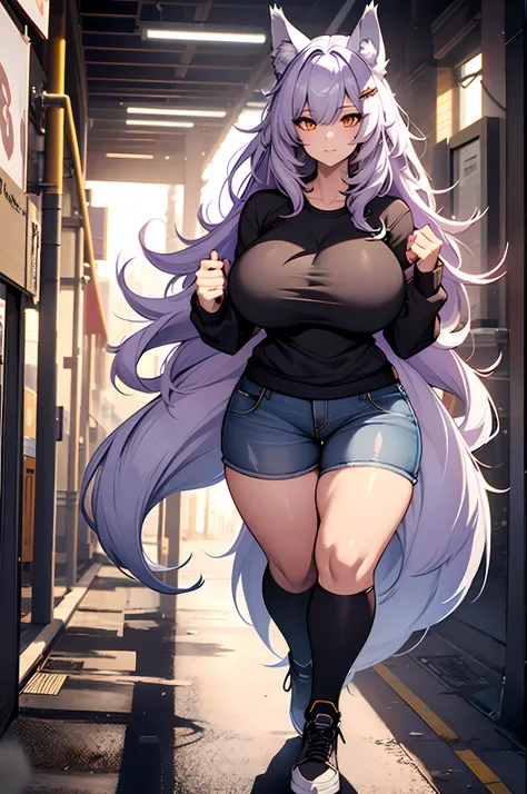 one woman, wolf girl, wolf ears, wolf tail, violet hair, strong, firm body, thick thighs, big breasts, muscular arms, casual clothes, sfw, sexy, full body, masterpiece, highly detailed, tall woman,