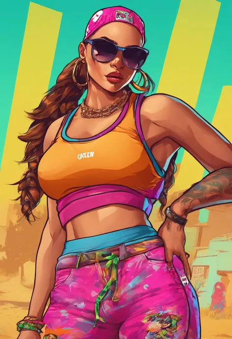 Masterpiece, Best Quality, A  girl, suntanned skin, looking a viewer, sports clothing, leggins, Walk through the GHETTO , in sneakers, Simple background with logo, From Bottom, bandana on the face , Gangster clothing