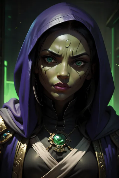 young,1girl,portrait female githyanki,close-up,cloth robes and hood,disappointed look,green skin,(hyperdefined),unusual-angle,fantasy victorian aesthetic,(hyperdefined),dramatic complex lighting,(fine-details:1.1),absurdres,fullscreen,coherent