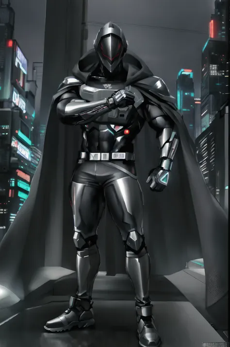 male, muscular male, faceless, helmet covering all of face, cyberpunk style helmet, lcd on helmet, cloak, black assassin suit, abandoned city background