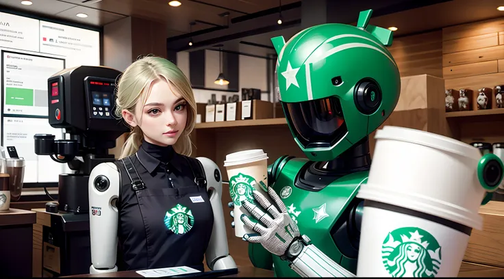 Masterpiece, Best quality, Robot Starbucks employees