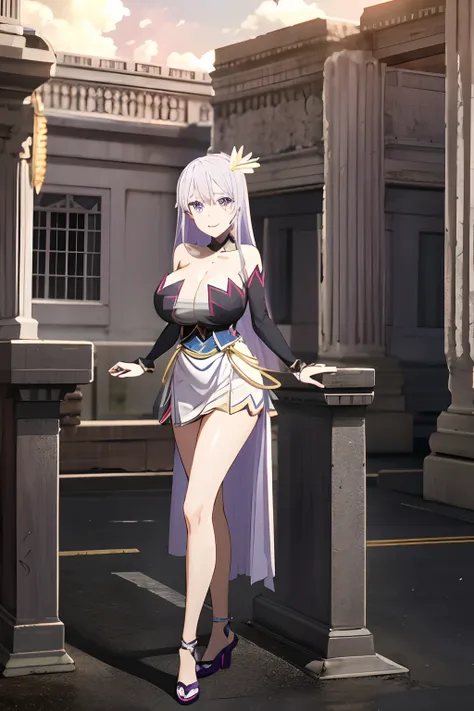 masterpiece, ((royal dressed)), ((wing)), halo, (best quality), (solo), 1girl, reona, silver hair, purple hair , (long skirt), long hair, purple eyes, sexy woman, hair between eyes, hair ornament, vibrant colors , natural lighting, RTX, (huge tits), (detai...