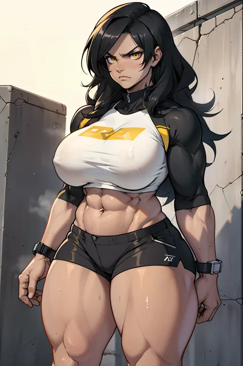 ((1 girl)), solo, black, hair, extremely long hair, yellow eyes, angry, ((huge breasts)), ((thick thighs)), ((((muscular)))), toned body, crop top, bike shorts, navel, abs, concrete, sweaty, pale skin