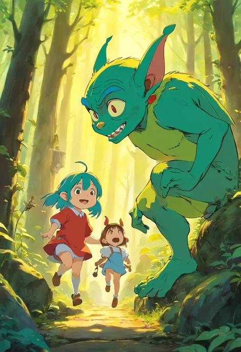 goblins,playing with little girl,forest,vibrant colors,soft lighting