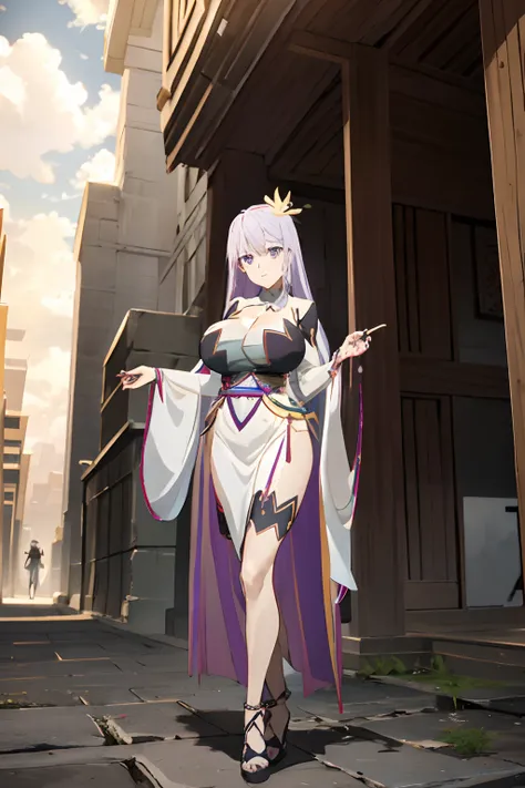 masterpiece, ((royal dressed)), ((wing)), halo, (best quality), (solo), 1girl, reona, silver hair, purple hair , (long skirt), long hair, purple eyes, sexy woman, hair between eyes, hair ornament, vibrant colors , natural lighting, RTX, (huge tits), (detai...