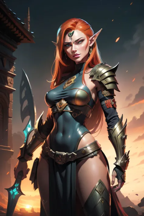 githyanki, female, solo, (long flowing ginger hair), pointy ears, armor, shoulder armor, portrait, pauldrons, green skin, (3/4 view), small breasts, beautiful face, eye shadow, red lipstick, ((masterpiece, best quality)), art by greg rutkowski, artwork tre...