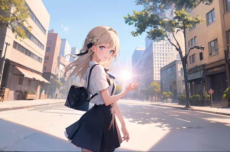 (masterpiece, best quality, excellent quality), ((1girl, solo)), sky, city, (skyscrapers), trees, pavement, lens flare,