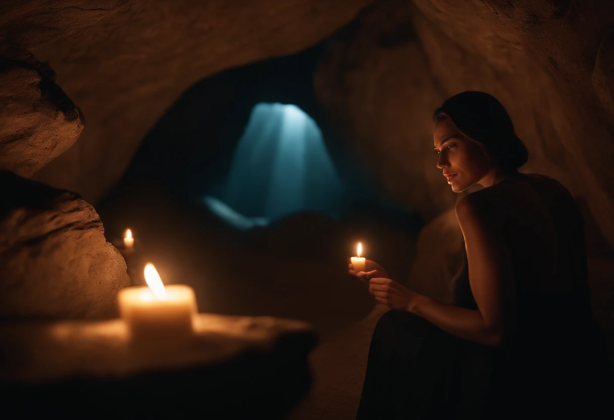 Inside the cave lit by candlelight