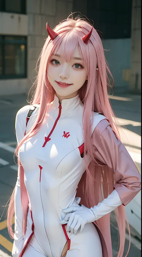 Zerotwo (darling on franxx), darling on franxx, 1girll, rim, self-shot, Smiling, Biting, black shadows, Green eyes, hair behind head, Horns, Long hair, Makeup, Small breasts, pilotsuit, White bodysuit, Pink hair, Red eyeshadow, Science fiction, taut skin, ...