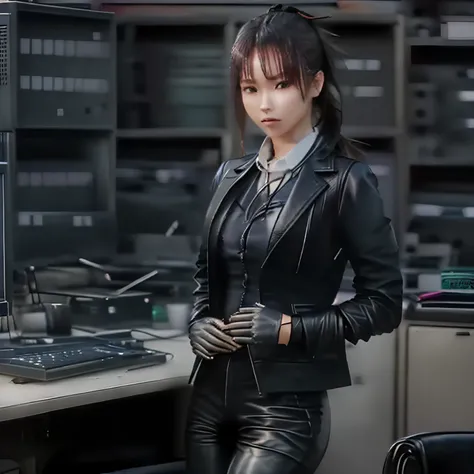 (((All black)))(((Three-piece pants suit)))(((Business suit and short leather gloves, shirt, vest, blazer jacket)))(((5 fingers, black leather gloves, 18-year-old Japanese beauty secretary with a young ponytail, computer operation, high image quality)))(((...