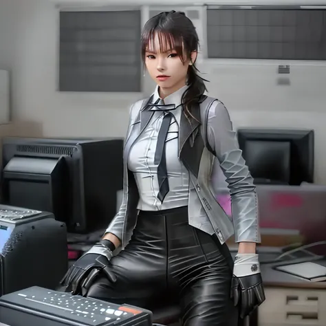 (((All black)))(((Three-piece pants suit)))(((Business suit and short leather gloves, shirt, vest, blazer jacket)))(((5 fingers, black leather gloves, 18-year-old Japanese beauty secretary with a young ponytail, computer operation, high image quality)))(((...