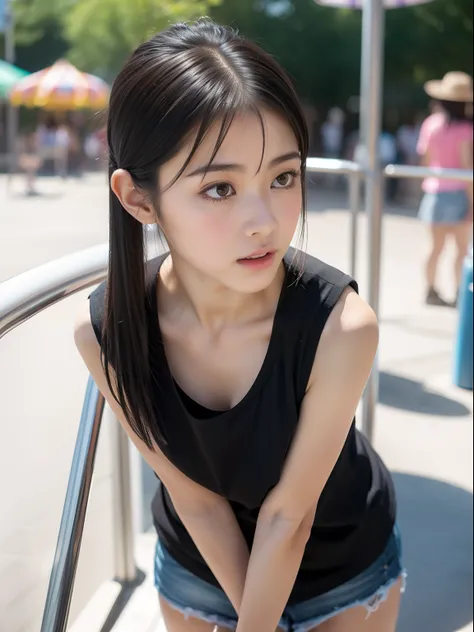 Knees，年轻，(a miniskirt)，tshirts，teens girl，Delicate body，petite body，Delicate body，small tits，tiny chest，Short，A dark-haired，Very Longhair，poneyTail，a shower，An amusement park，Looking Up