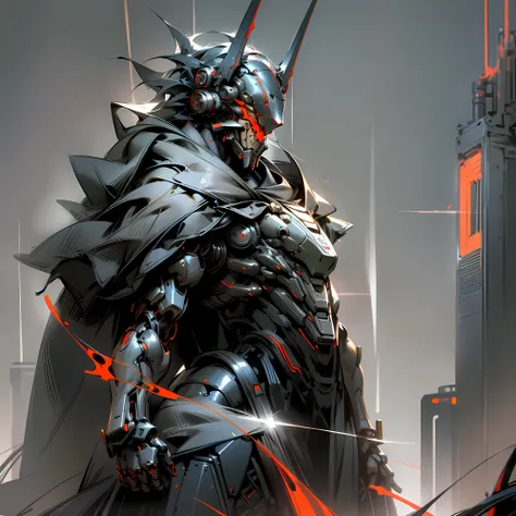 Dark_Fantasy,Cyberpunk,1man,Mechanical marvel,Robotic presence,Cybernetic guardian,dark knight mechanical armour, great sword on the back, absolutely stunning art,wearing a black cloak, highest quality art, highest resolution, hyper detailed,black and red ...