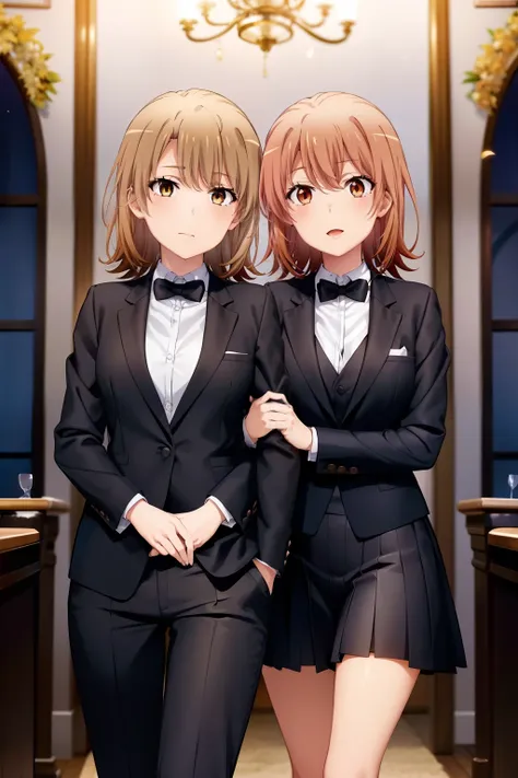 2 girls, Yuri, Iroha is a girl marries her wife Yui, iroha wearing a tuxedo suit and pants , Yui wears the brides dress, Lesbian