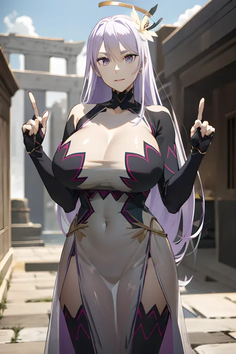 masterpiece, ((royal dressed)), ((wing)), halo, (best quality), (solo), 1girl, reona, silver hair, purple hair , (long skirt), long hair, purple eyes, sexy woman, hair between eyes, hair ornament, vibrant colors , natural lighting, RTX, (huge tits), (detai...