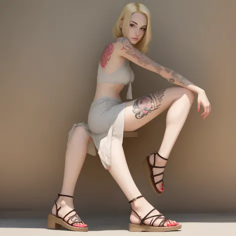 Blonde with tattoos wearing only sandals