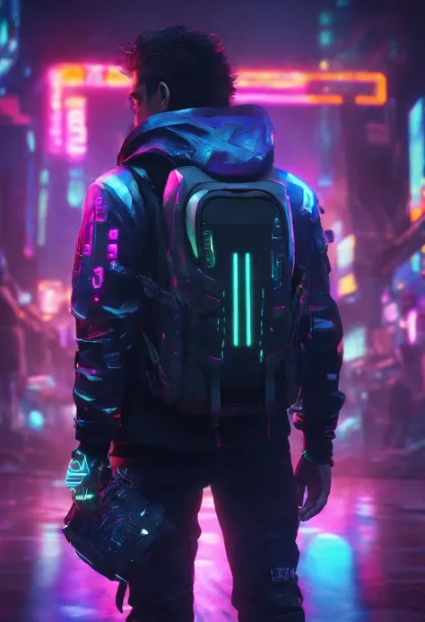 8K，Fine picture quality，Future street background，A cyberpunk boy，Carry this futuristic technology backpack，The backpack has lights，Future illuminated camera in hand，Back shadow