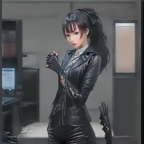 (((All black)))(((Three-piece pants suit)))(((Business suit and short leather gloves, shirt, vest, blazer jacket)))(((5 fingers, black leather gloves, 18-year-old Japanese beauty secretary with a young ponytail, computer operation, high image quality)))(((...