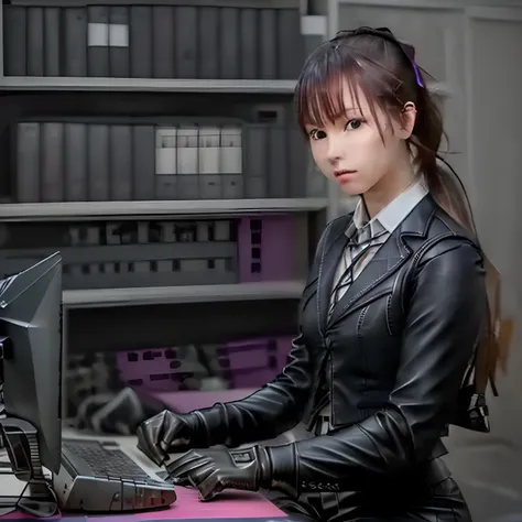 (((All black)))(((Three-piece pants suit)))(((Business suit and short leather gloves, shirt, vest, blazer jacket)))(((5 fingers, black leather gloves, 18-year-old Japanese beauty secretary with a young ponytail, computer operation, high image quality)))(((...