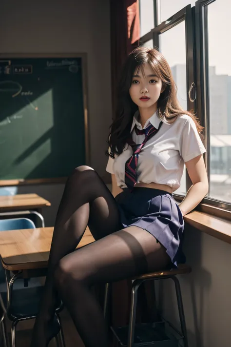 (full bodyesbian:1.5)，(1girll:1.3),(view the viewer:1.4)，(anatomy correct:1.4),(sitting in classroom:1.2),(Wear a school uniform:1.2),(Opaque pantyhose:1.3),( Girls pointed-toe thick heels :1.1),(Accurate and perfect face:1.3),(Long legs:1.3),hyper HD, Ray...