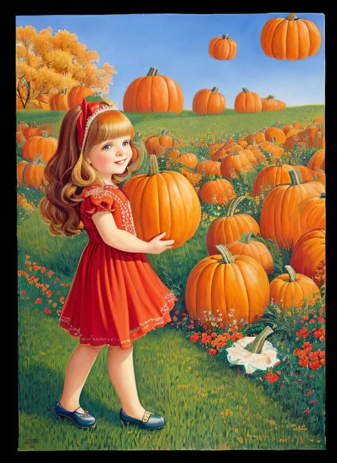 painting of a little girl in a red dress and a pumpkin, by Penny Patricia Poppycock, full color illustration, storybook illustration, storybook illustation, by Ron Walotsky, a storybook illustration, cute storybook illustration, story book illustration, de...