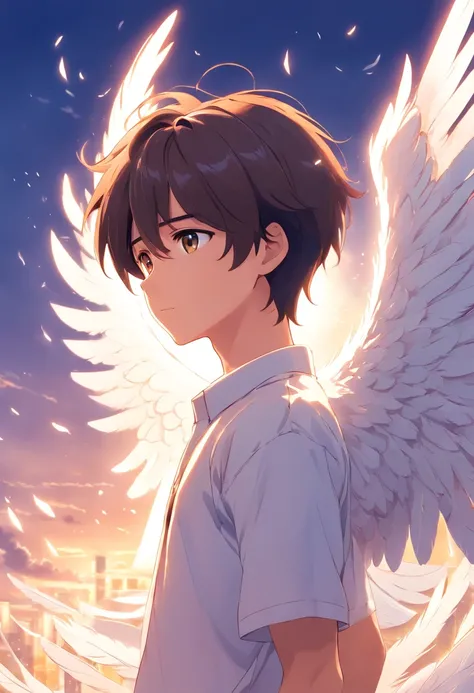 boy, 20 years old, angel, white shirt, angel wings, white, feathers