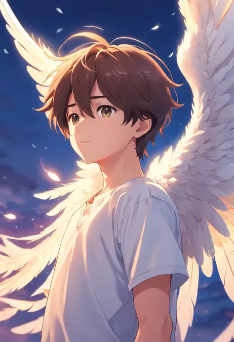 boy, 20 years old, angel, white shirt, angel wings, white, feathers