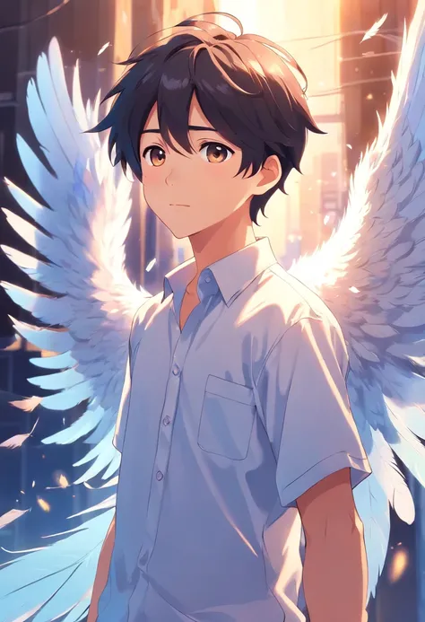 boy, 20 years old, angel, white shirt, angel wings, white, feathers