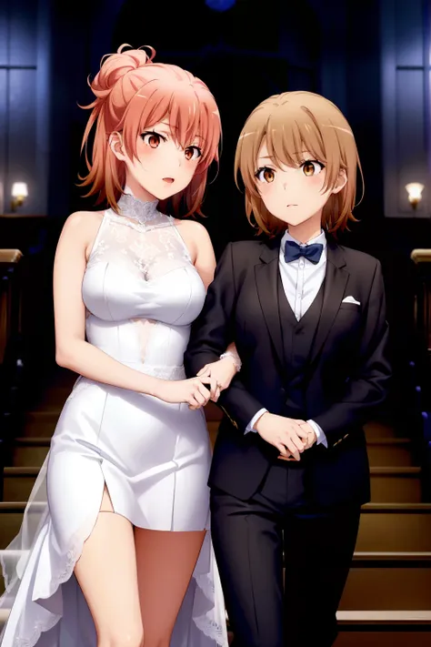 2 girls, Yuri, Iroha is a girl marries her wife Yui, iroha wearing a tuxedo suit and pants , Yui wears the brides dress, Lesbian