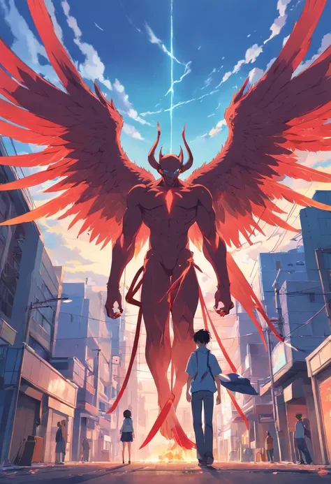 Create a powerful guy with demon wings and with bloods and dead body everywhere