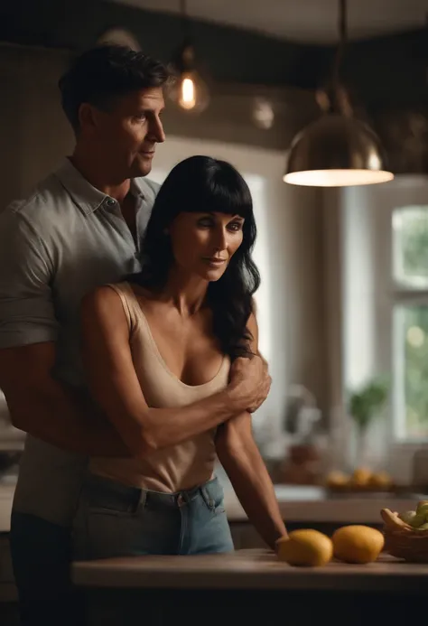 tanned mature woman, black hair with bangs, having sex standing up with young man on the kitchen