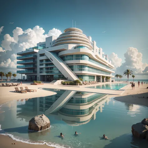 Grand hotel, futuristic building, building in the background, Built on the beach with Grandev Raudo, modernn architecture, There is a large swimming pool in front of the hotel, Interior restaurant with large glass curtain wall, There are headlights inside,...