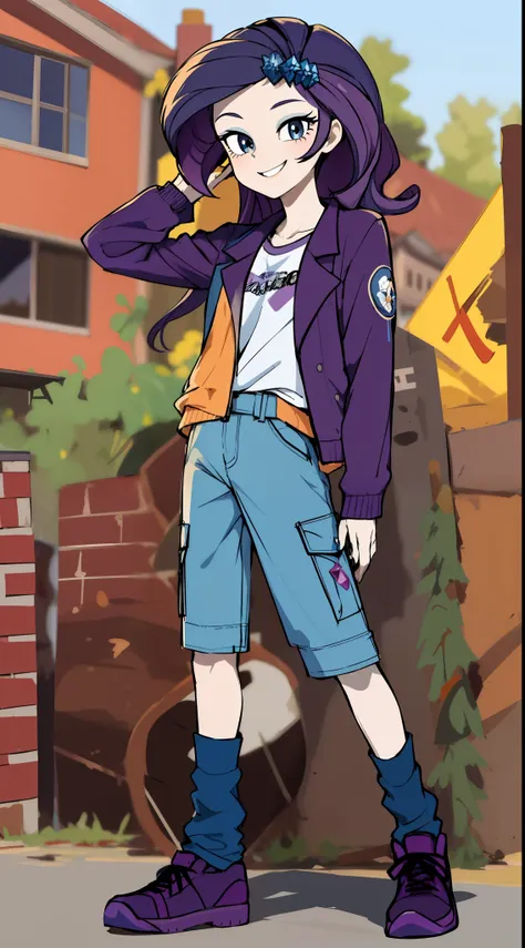 masterpiece,best quality,multiple girls, group, sisters,mlprarity,colored skin,hair ornament,messy hair,purple hair,blue eyes, tomboy, tomboy outfit, pants, jacket, posing, full body, smile