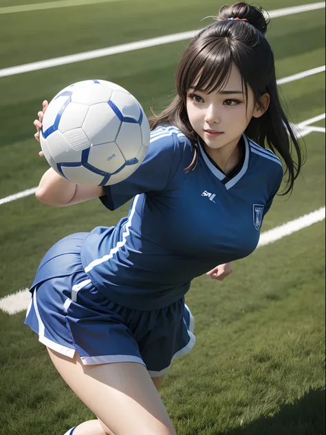 Beauty playing soccer、25-years old、Lesbian line(a smile、Gentle eyes)、Clear eyes、二重まぶた、Blue uniform of the Japan national team(Samurai Blue)、Nadeshiko、well-shaped breasts、Glamour(A slender)、bobhair(Hair bunched)、Soccer ball at your feet、Stand on the field、L...