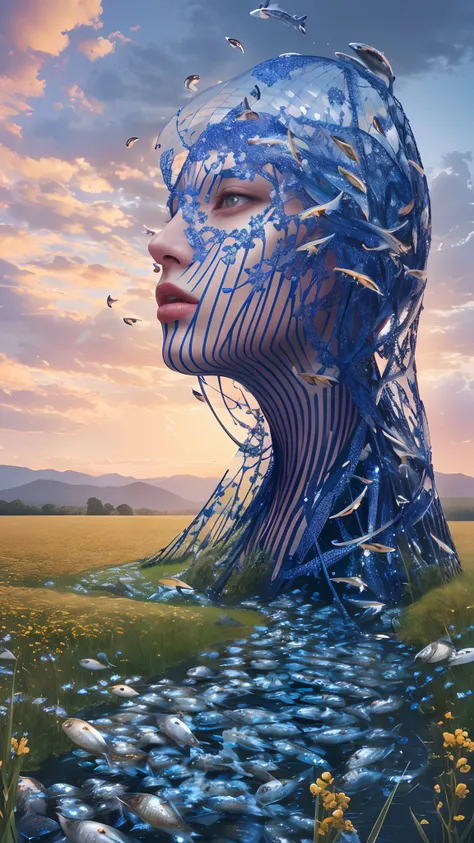 c4d,3D render,render,a woman standing in a field of fish, cgsociety 9, surreal portrait photography, adrian borda, by Christian W. Staudinger, 8k fine art photography, mind-bending digital art, stunning digital art, surrealistic digital artwork, surreal ph...