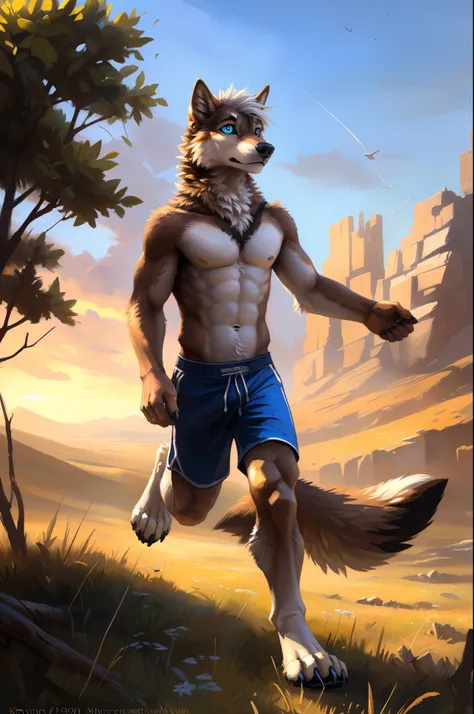 ((Solo)), male people, anthro wolf, (Multi-colored fur, White-brown:1.3), ((Wolf face, White hair, Big eyes, White eyelids, Blue pupil, Slim:1.2) (Tough, Calm expression:1.2)), Abs, Slim, pinging)), (Correct anatomy), (Work shorts:1.1), (Contour bone:1.2),...