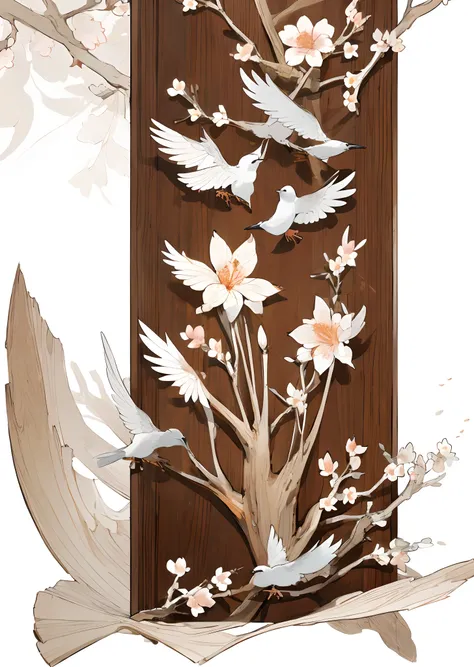 Flowers and birds, [(white background:1.5)::5], medium view, full body, chinoiserie, flowers, stone fragments, beautiful and delicate water, wood grain floor,