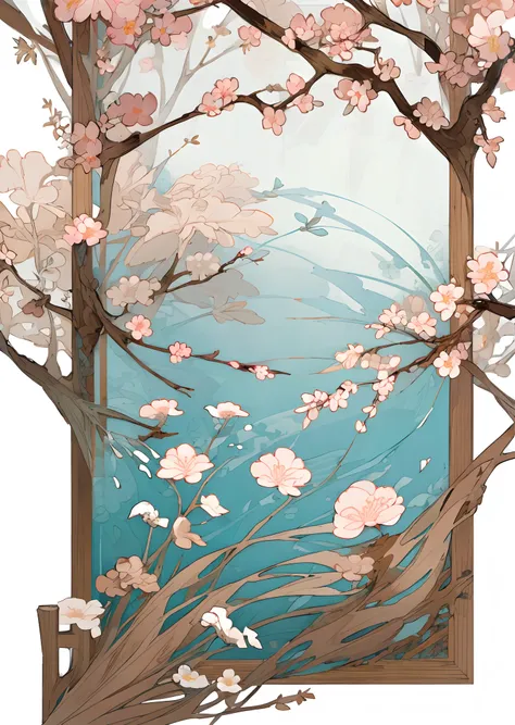 Flowers and birds, [(white background:1.5)::5], medium view, full body, chinoiserie, flowers, stone fragments, beautiful and delicate water, wood grain floor,