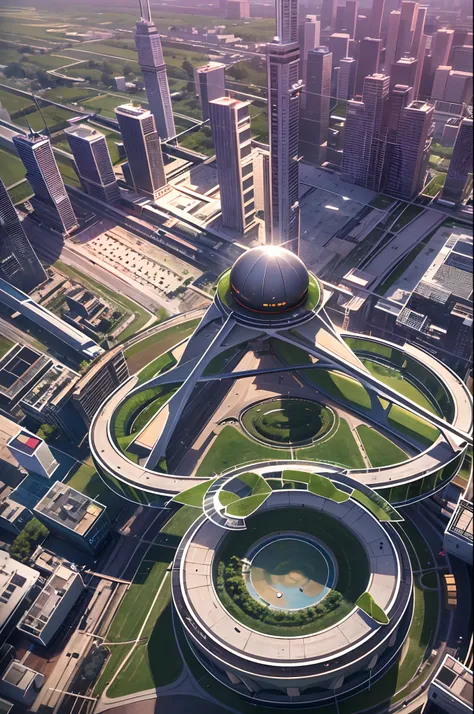 Ultra photo realsisim，Hyper-detailing，Ultra-wide-angle picture，24th century，sci fi city，and the sun was shining brightly，Tech City of the Future，Hanging ring construction，Suspended circular aircraft，Roads leading in all directions，highly detailed surreal v...