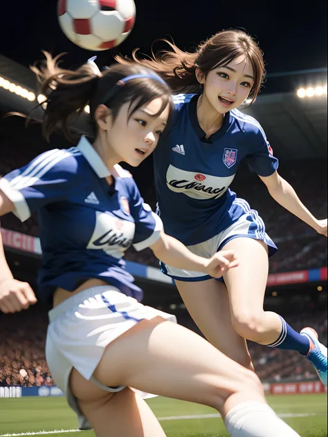 Beauty playing soccer、25-years old、Lesbian line(a smile、Gentle eyes)、Clear eyes、二重まぶた、Blue uniform of the Japan national team(Samurai Blue)、Nadeshiko、well-shaped breasts、Glamour(A slender)、bobhair(Hair bunched)、Soccer ball at your feet、Stand on the field、L...