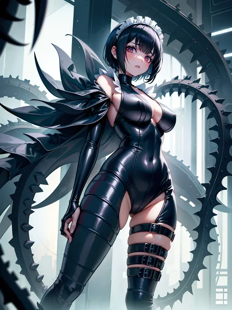 Girl in cyber style maid costume. Shes a Dark Fantasy. she has short hair. Latex. Shining eyes. Tentacles extending from behind her. Mechanical tentacles like Giger. Knife at the tip of the tentacle. Curved knife. dark laboratory.