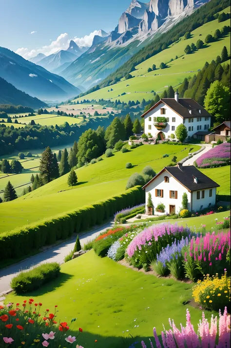 Peaceful and idyllic countryside, Rolling green hills dotted with grazing sheep, Charming villa，Set amidst vibrant flowers, Clear blue sky overhead, Evokes a sense of peace and simplicity, Valle encantador, switzerland, patches of green fields, lush countr...