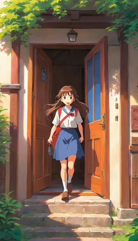 A girl with a long brown hair,wearing unironed school uniform rushes to the door of their house.