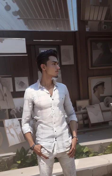 White shirt, stylish shirt, change trouser, change background, watch on hand, tops on ear, bracelet on hand, 8k quality, realistic look, realistic, Dubai museum in background, Dubai in background, hd,