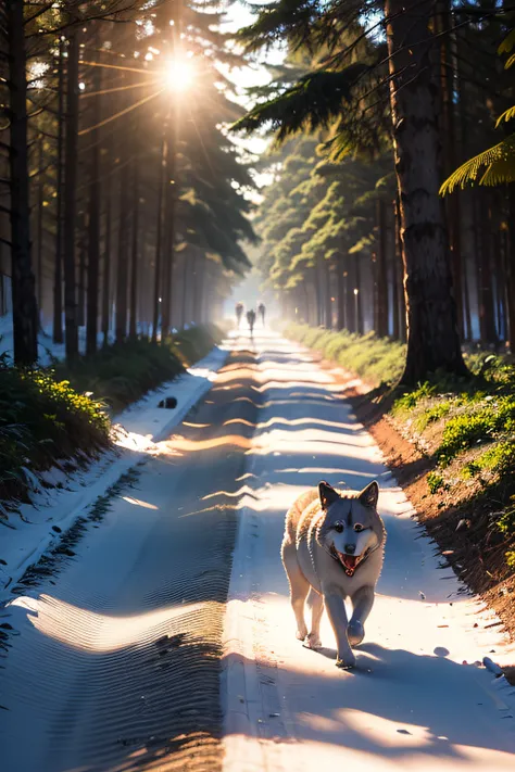 Um lobo cinza e branco correndo em uma floresta de pinheiros coberta de neve, com o sol se pondo no horizonte.