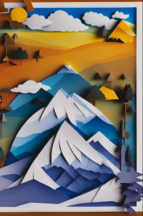 Paper cut art of a mountain scene with a tent in the foreground and a blue sky with clouds.