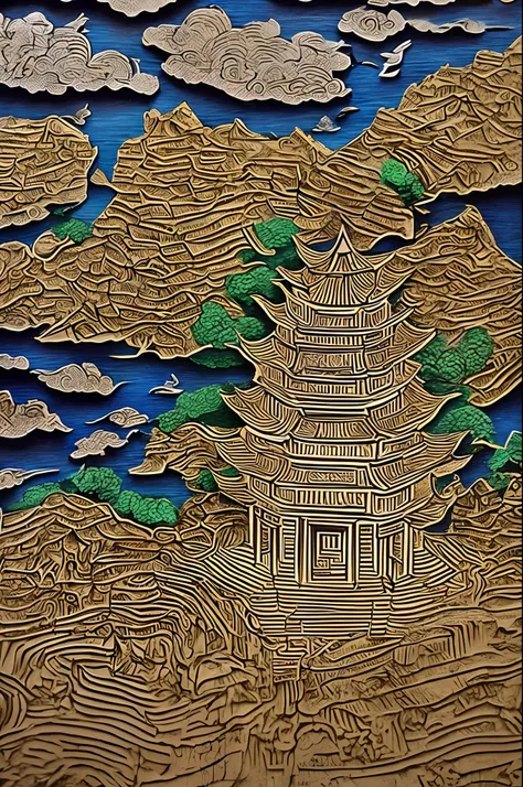 Paper cut art of Chinese temple, gardens, mountains and rivers, clouds, (high detailed:1.2)