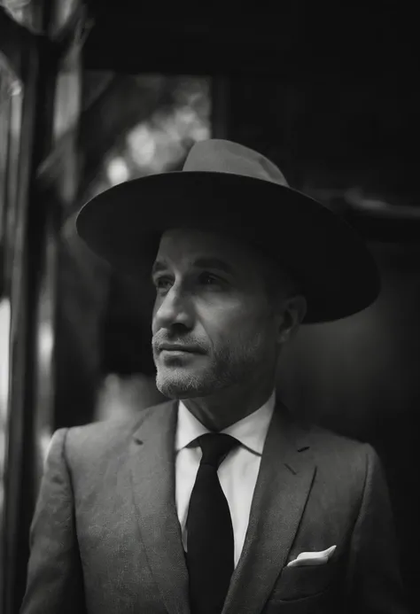 black andwhite，Man in a suit，Hat